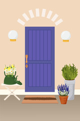 Decorated front door for Easter, spring vector picture for postcards,  a blue door, an entrance group, pots with flowers, lamps, a door mat, in a flat style.