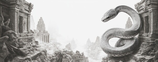 Obraz premium A surreal scene featuring a large snake entwined among ancient ruins in a misty landscape.