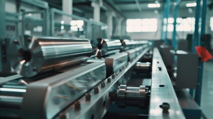 Obraz premium Gleaming metallic pieces on an advanced factory production line, captured with industrial elegance and precision in a modern manufacturing plant.