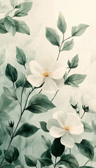 Delicate phone wallpaper with a vintage botanical theme, featuring soft watercolor flowers and green leaves on an off-white background