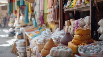 Vibrant market scene with colorful textiles and spices, capturing the essence of a bustling bazaar.