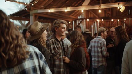 Obraz premium Friends gather at a rustic barn party, enjoying lively conversations under the warm glow of string lights, creating a scene of camaraderie and joy.