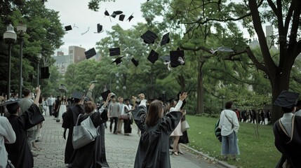 Graduates in mortarboards toss them skyward amidst lush park, marking a triumph over challenge.