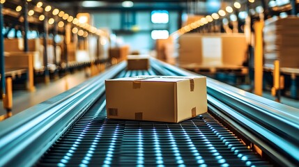 A focused view of a cardboard box on a conveyor belt in a modern warehouse, highlighting efficient logistics and packaging systems.