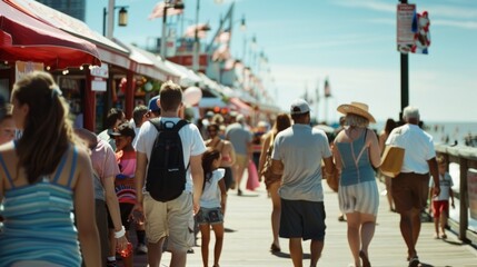 A lively boardwalk scene bustles with diverse people enjoying a sunny day by the sea, flags fluttering overhead.