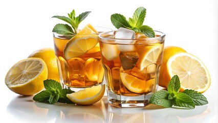 Iced Tea with Bourbon Whiskey and Lemonade, Refreshing and Zesty, Garnished with Lemon and Mint Isolated on White Background