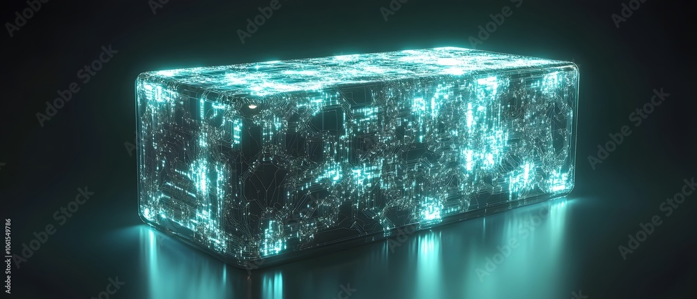 Poster a glowing digital block with intricate patterns, ideal for technology, science, and modern design co