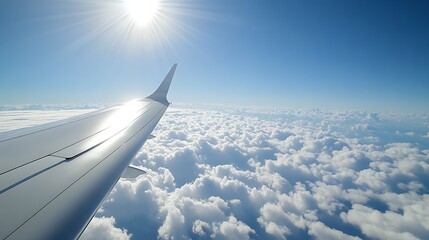 Fototapeta premium Scenic View from an Airplane Wing Over Soft Clouds with Bright Sunlight Illuminating the Sky