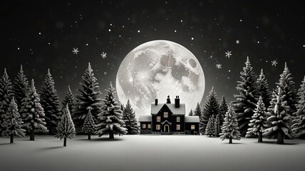 Naklejka premium Winter Night Scene with House and Full Moon