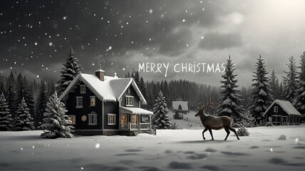 Winter Scene with Christmas Message and Reindeer