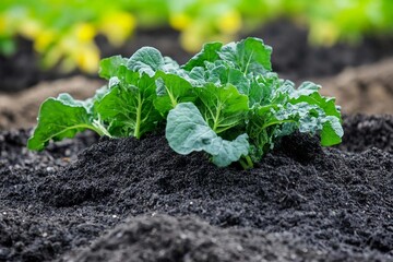 Lush green kale thriving in rich, dark soil under bright sunlight in a serene garden. Generative AI
