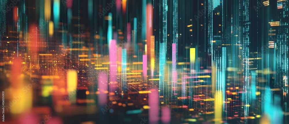 Poster a vibrant abstract representation of digital data flow with colorful lights and patterns symbolizing
