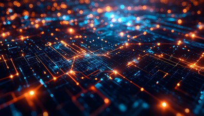 Obraz premium A vibrant abstract illustration showcasing glowing circuits and lights, representing technology and digital connectivity.