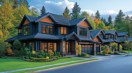 Detailed suburban neighborhood featuring large homes with landscaped lawns, shown on a clear background.