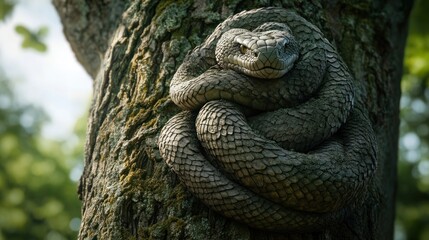 A snake coiled around a tree trunk in a natural setting.