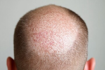Initial stage of psoriasis on a man's head close-up. Dermatology. Remission stage. Red inflammations on the head
