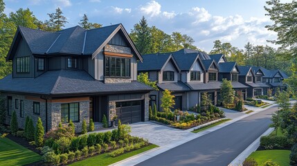 Detailed view of a suburban housing community with contemporary homes, wide driveways, and no background.