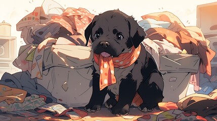 Naughty puppy in a pile of laundry, colorful anime style