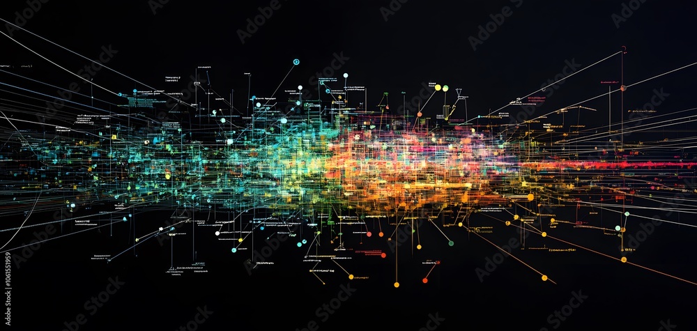 Poster Abstract digital visualization with colorful lines and data patterns representing technology and innovation in a dark background.