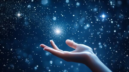 A hand reaching for a distant star in the night sky, capturing belief and hope for something greater