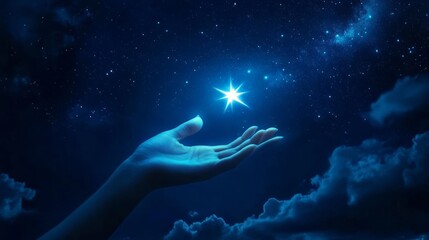 A hand reaching for a distant star in the night sky, capturing belief and hope for something greater