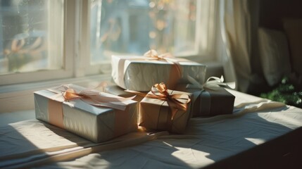 Soft morning light bathes wrapped gifts adorned with delicate ribbons on a sunlit window seat, conveying a serene holiday anticipation.