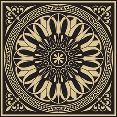 Vector gold and black classic Greek square ornament. Rectangle of Ancient Greece and Roman Empire. Byzantine painting of walls, floors and ceilings. Decoration of European palaces