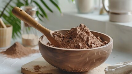 A wooden bowl full of rich cocoa powder, suggesting warmth and comfort, sits on a kitchen countertop, inviting culinary creativity.