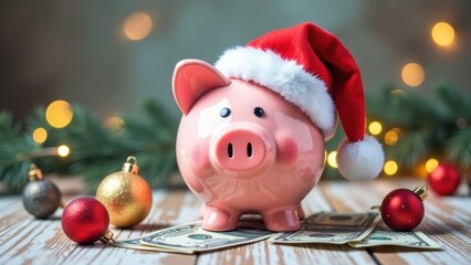 Pink piggy bank wearing a Santa hat on top of dollar bills, surrounded by Christmas ornaments and pine branches with warm bokeh lights in the background, representing holiday savings and finances