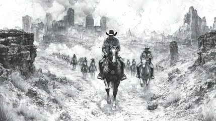 Obraz premium Highly detailed outline of the Calgary Stampede Parade, with cowboys and horses creating peaks of excitement and textured western valleys.