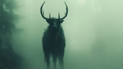 A mysterious silhouette of a deer-like creature in a foggy forest setting.