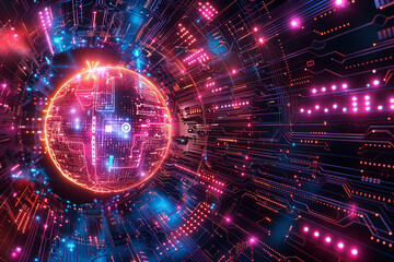 Obraz premium Rendering of abstract technology background. Perspective circuit board with glowing energy at center and wire frame mesh global sphere. For communication, ai, or crypto currency
