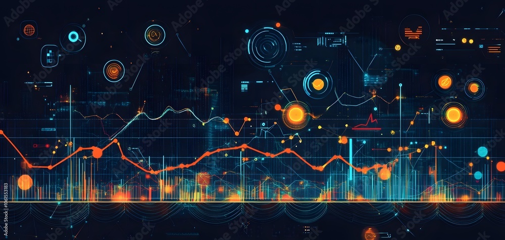 Poster futuristic data visualization with vibrant lines and graphs illustrating statistical trends and insi