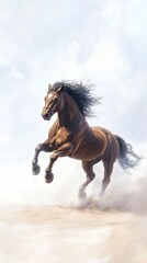 A powerful horse gallops through a misty landscape, showcasing strength and grace.