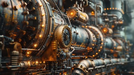 Fototapeta premium Detailed view of an intricate mechanical system with vintage styled brass copper and steel gears cogs valves and other components in a futuristic steampunk industrial design
