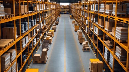 Wide-angle view of warehouse aisles, structured layout, efficient operation