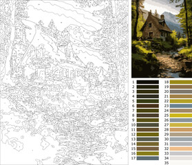 a house in forest, coloring page by number for adult, advance level