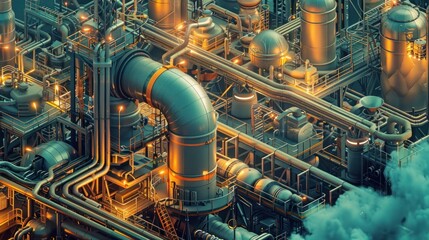 A highly complex and technologically advanced industrial refinery or processing plant featuring an intricate maze of glowing pipelines tanks and mechanical structures
