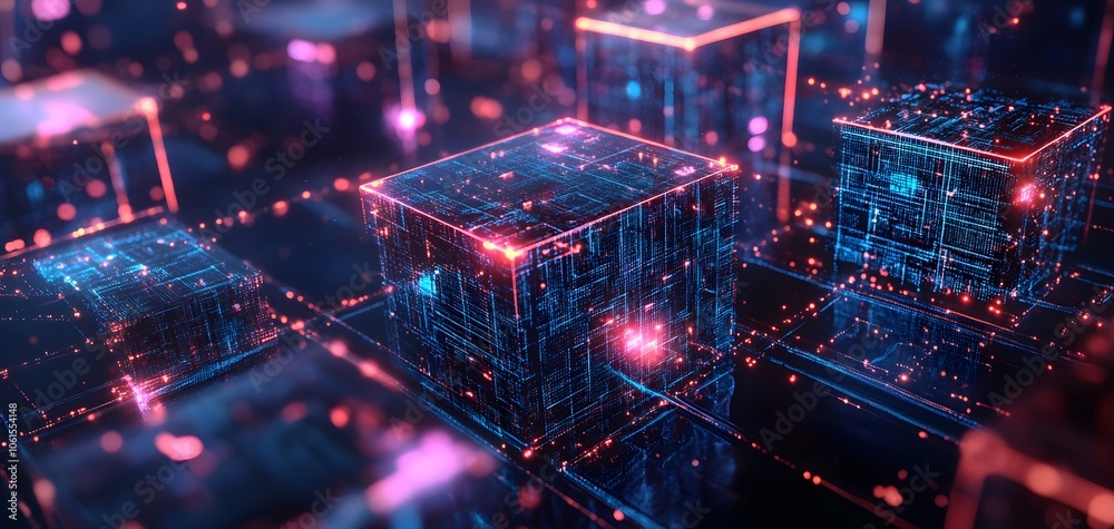 Poster vibrant digital cubes with glowing edges and intricate patterns create a futuristic visual experienc