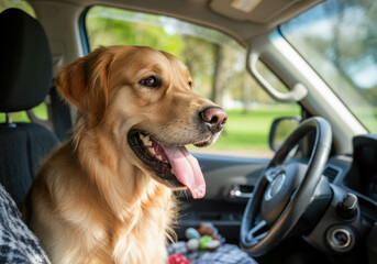 Golden retriever happily seated in a car during a sunny day at a local park