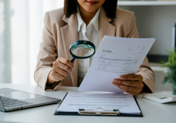 Business professional examining documents with a magnifying glass while seated at a desk in a modern office environment