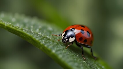 Naklejka premium 500px Photo ID: 178500237 Beautiful ladybug on leaf defocused background Generative AI