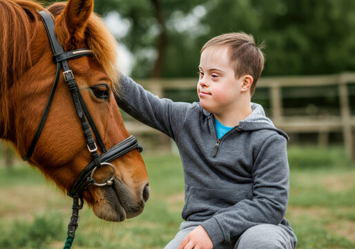 A young boy with Down Syndrome interacts with a gentle pony in a serene outdoor setting during sunny weather