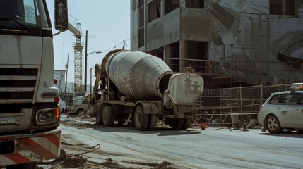 Naklejka premium Construction site with a cement mixer truck amidst urban development, showcasing industrial progress and bustling city life.