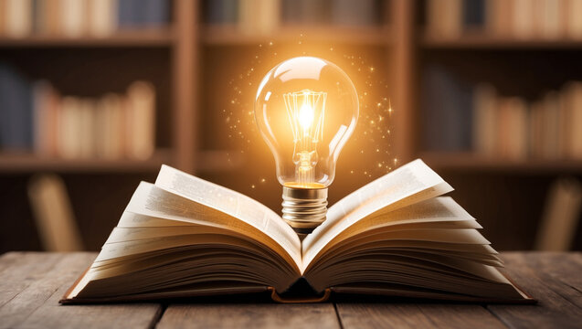 Open Book with a Light Bulb Above: An open book with a glowing light bulb hovering over it, indicating knowledge, ideas, and enlightenment for business success