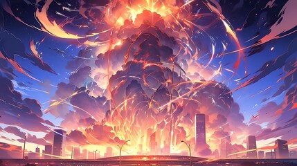Obraz premium Towering skyscrapers engulfed in flames, colorful anime style