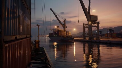 Fototapeta premium Containers and cranes stand against the dim light of dusk at a busy port, representing commerce and the global flow of goods.