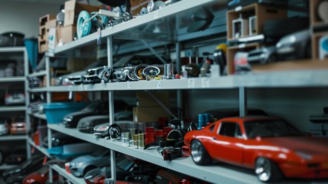 Toy cars and accessories lined on a shelf, evoking a sense of nostalgia and charm in a collector's vibrant and playful display space.