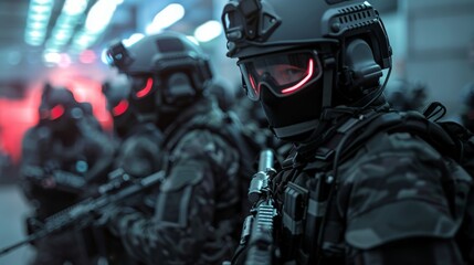 A unit of soldiers in tactical gear, visors glowing red, poised in formation and ready for action in a high-tech setting.