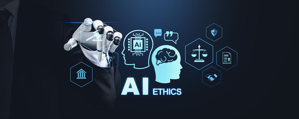 Robotic hand interacting with AI ethics icons on a dark background, representing technology, law,...